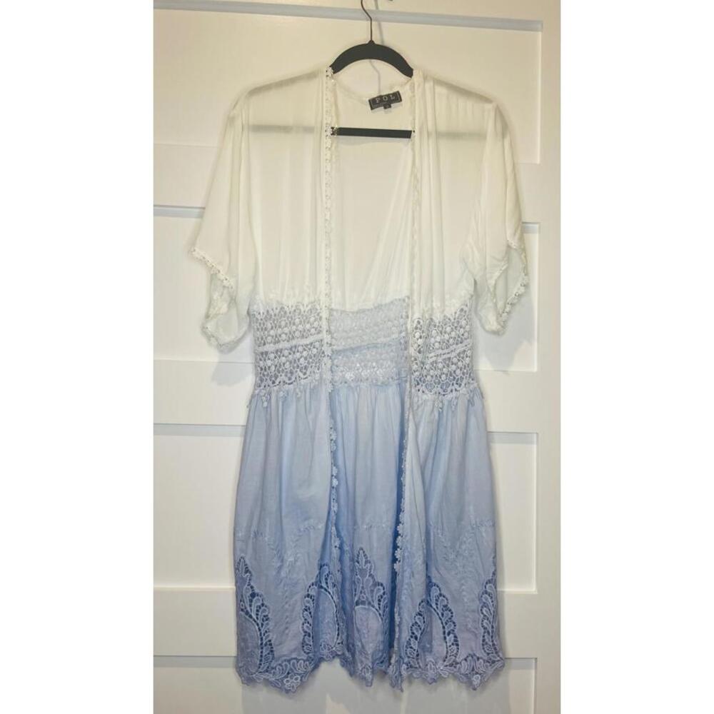 POL Ombre Blue and White Lace Trimmed Cardigan - Size S